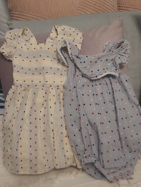 Cat & Jack Cream and Light Blue Polka Dot Patriotic Outfits Twin/Sibling Set